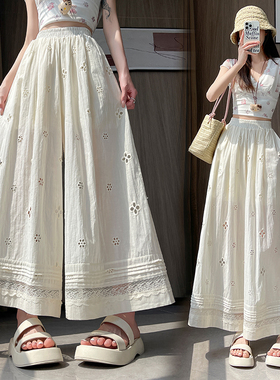 镂空蕾丝拼接阔腿裤女夏季2026新款宽松简约度假感飘飘九分休闲裤