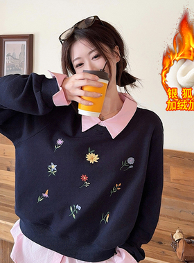 假两件卫衣女秋冬季2026新款加绒卡通刺绣花宽松POLO领保暖上衣潮