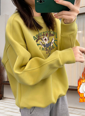 纯棉圆领卫衣女秋冬季2025新款宽松套头薄款加绒加厚打底衫春秋潮