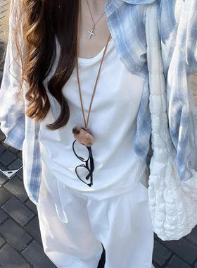 防晒蓝色格子衬衫外套女夏季2025新款薄款韩系慵懒风时尚三件套装