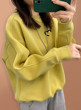 纯棉圆领卫衣女春秋季2025新款薄款宽松懒惰风加绒套头打底衫秋冬