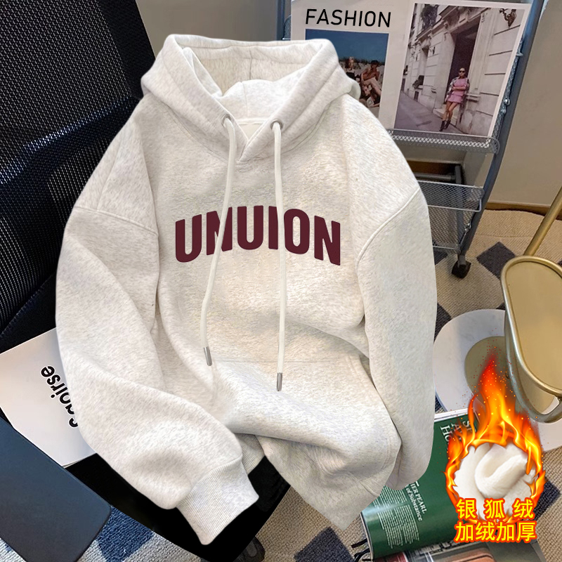 纯棉加绒加厚宽松连帽卫衣女冬季