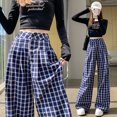 蓝色复古格子休闲裤女夏季