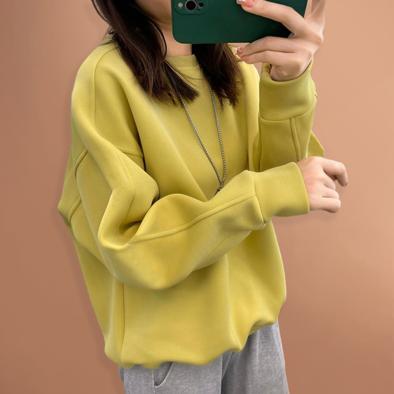 纯棉加绒宽松圆领卫衣女春秋薄款