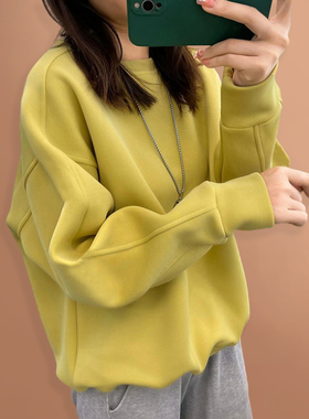 纯棉圆领卫衣女春秋季2026新款加绒薄款宽松套头慵懒风秋冬ins潮