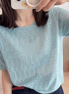 镂空针织短袖t恤女夏季2026新款薄款套头韩系时尚短款显瘦上衣潮