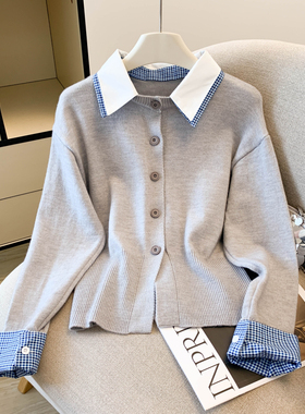学院风针织衫女秋冬季2026新款复古假两件拼接衬衫领显瘦休闲上衣