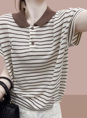 条纹冰丝短袖t恤女夏季2026新款polo领宽松显瘦设计感针织衫上衣