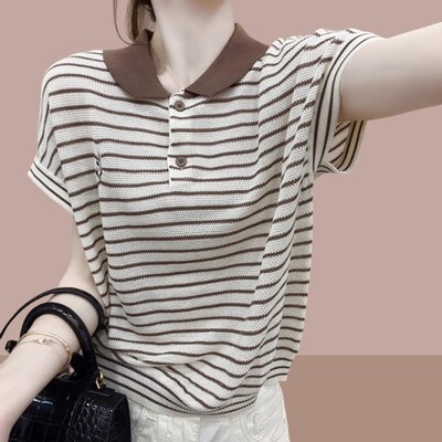 条纹冰丝短袖t恤女夏季2025新款