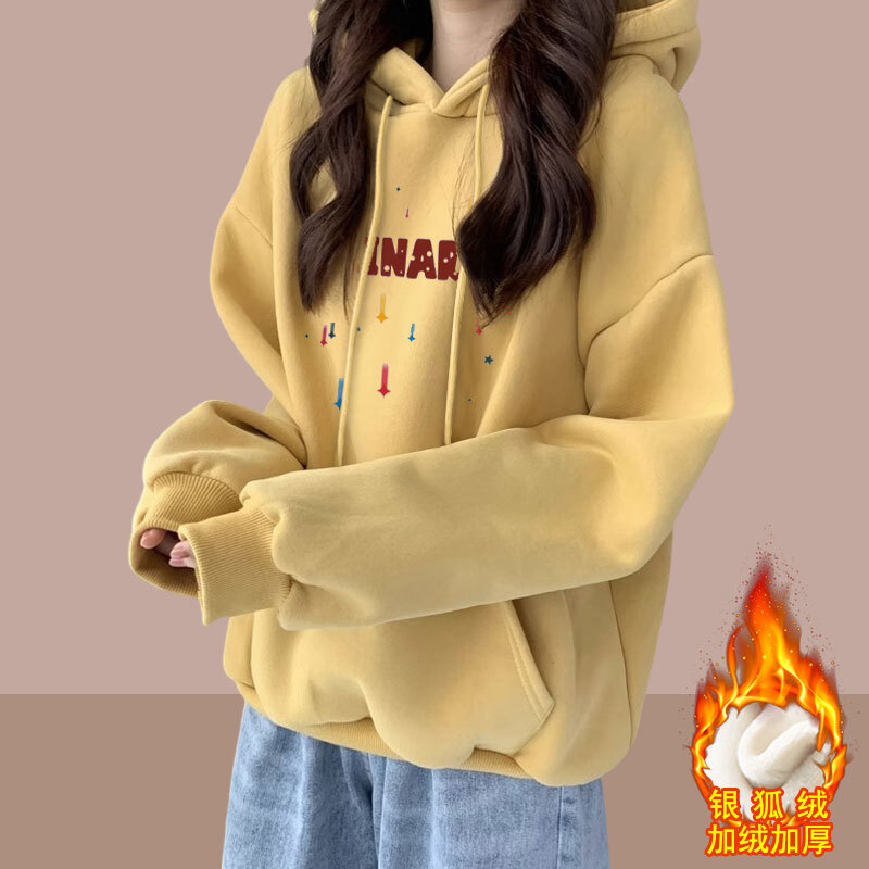 纯棉加绒加厚连帽卫衣女秋冬季