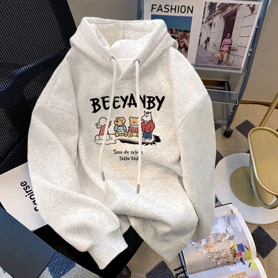 纯棉加绒薄款慵懒连帽卫衣女春秋