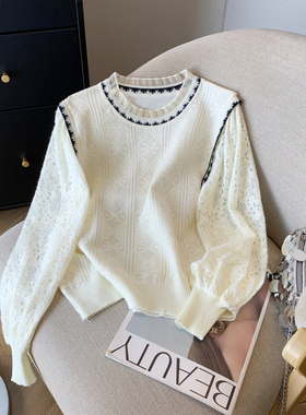 针织衫女春季2026新款甜美气质蕾丝袖子拼接薄款木耳边洋气毛衣潮