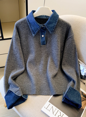 撞色毛衣女秋冬季2026新款假两件设计感小众加厚牛仔领polo上衣潮