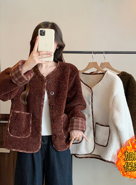 低圆领外套女秋冬季2026新款宽松设计感新中式加厚保暖羊羔绒开衫