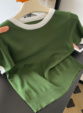 绿色冰丝针织短袖t恤女夏季2025新款撞色时尚百搭显瘦小个子上衣