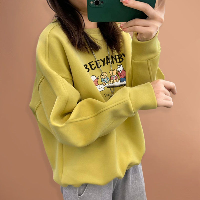 纯棉加绒加厚圆领卫衣女宽松秋冬