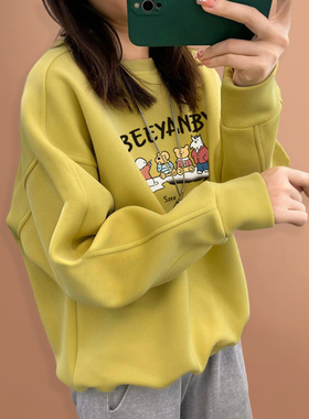 纯棉圆领卫衣女秋冬季2026新款加绒加厚薄款宽松套头内搭打底衫春