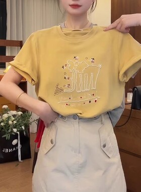 短袖t恤女夏季2026新款刺绣宽松百搭短款设计感休闲体恤上衣ins潮