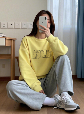 纯棉圆领卫衣女春秋季2026新款套头多巴胺薄款宽松懒惰加绒秋冬潮