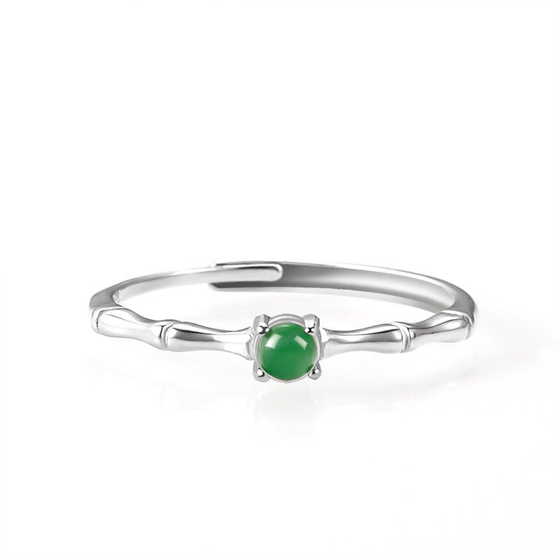 天然A货翡翠阳绿竹节戒指冰种玉石S925银镶指环女士款简约可调节