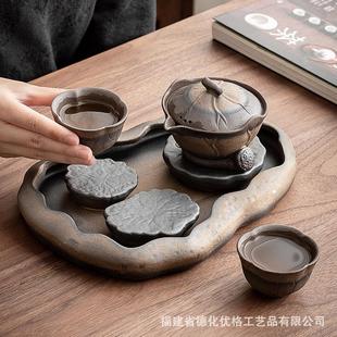 家用二人便携日式 铁釉鎏金茶具套装 复古陶瓷功夫茶杯茶盘小套礼盒