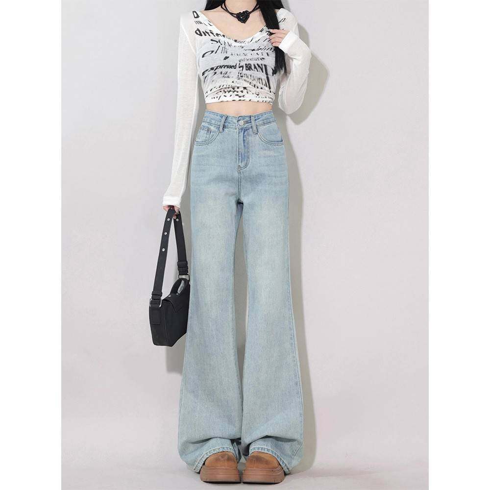 通勤垂感高腰微喇牛仔裤女春季2025年新款宽松浅色不贴腿喇叭裤子