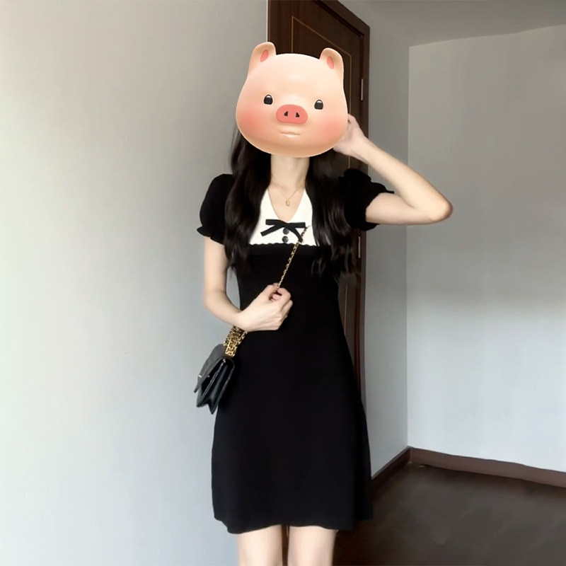 小个子黑色娃娃领泡泡袖洋装女夏2026新款收腰短裙子设计感小众