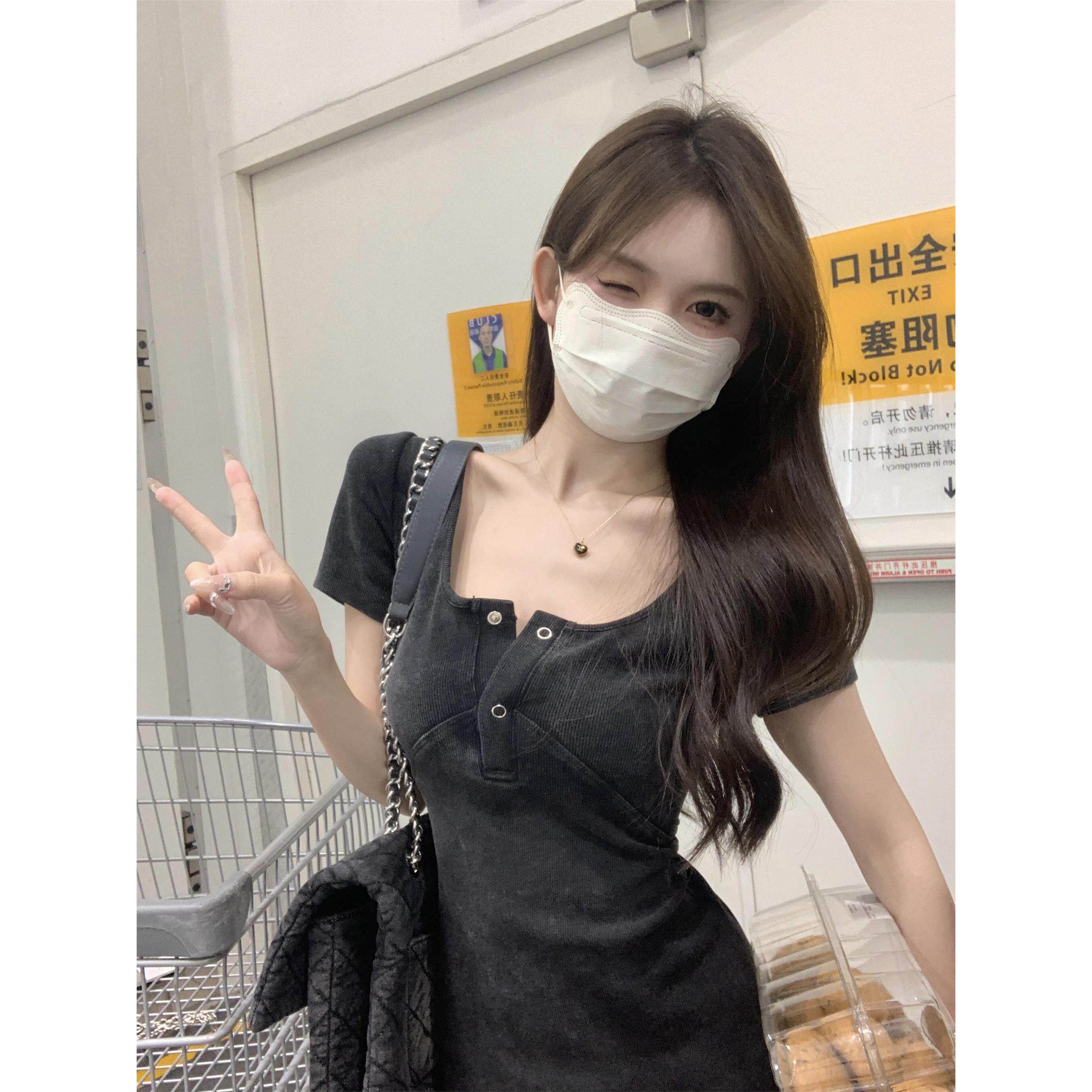 美式复古方领纯棉短袖洋
