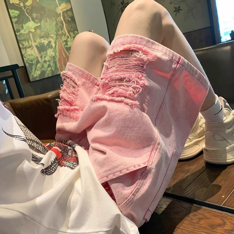 破洞粉色牛仔短裤夏季薄款
