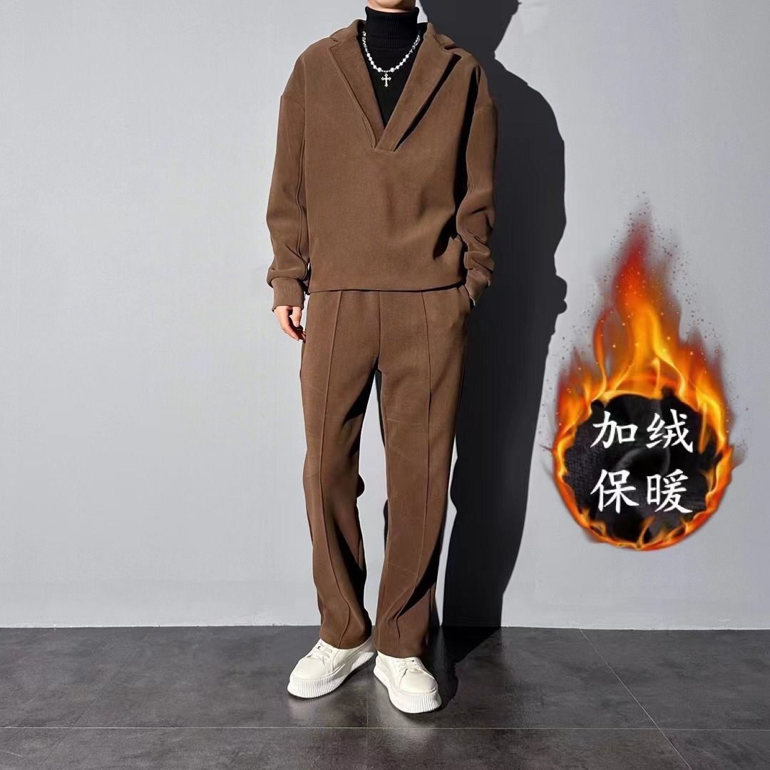 가을 겨울 V 넥 풀오버 플러스 벨벳 두꺼운 캐주얼 정장 남성 정장 칼라 패션 느슨한 솔리드 컬러 스포츠 투피스 슈트
