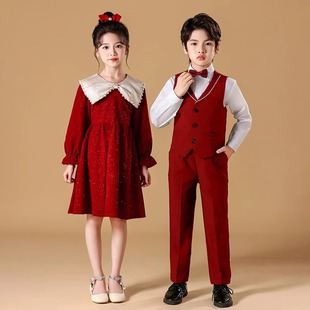 六一儿童合唱演出服小学生朗诵比赛红色礼服主持人服装冬季男女童