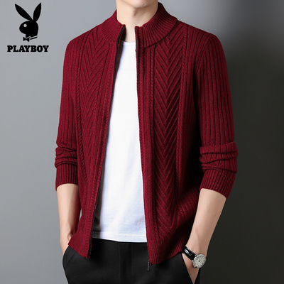 花花公子纯羊毛开衫男款冬季拉链立领中年加厚毛衣男宽松外套