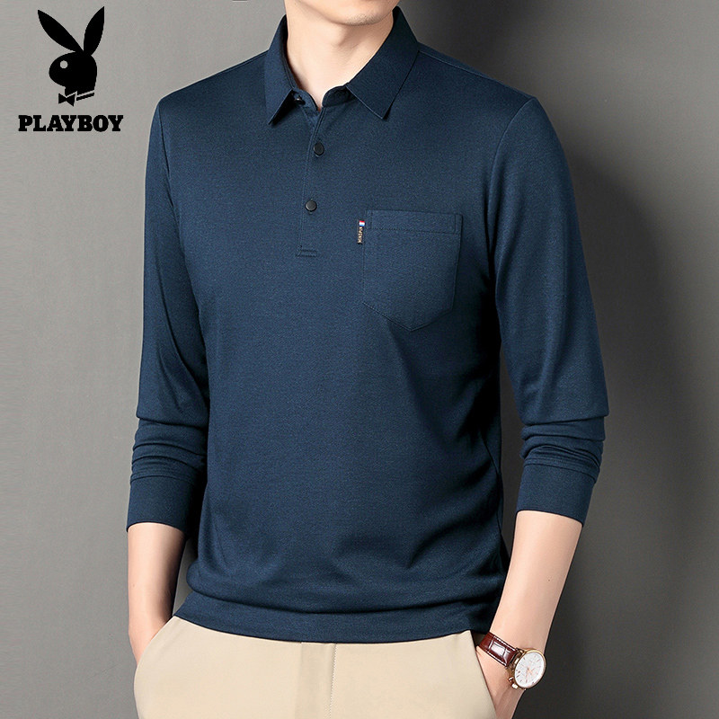 花花公子爸爸春装长袖T恤上衣中老年男装纯棉宽松薄款体恤POLO衫