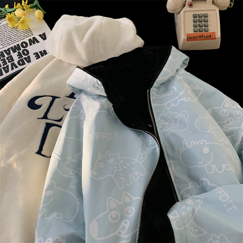 1005-2-LMF102-P135冬季港风男士两面穿连帽棉服情侣毛绒绒外套,男装棉衣,星座1005-2