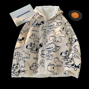 1005-2-LMF102-P135 冬季港风男士两面穿连帽棉服情侣毛绒绒外套图片