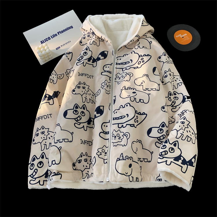 1005-2-LMF102-P135冬季港风男士两面穿连帽棉服情侣毛绒绒外套,男装棉衣,星座1005-2