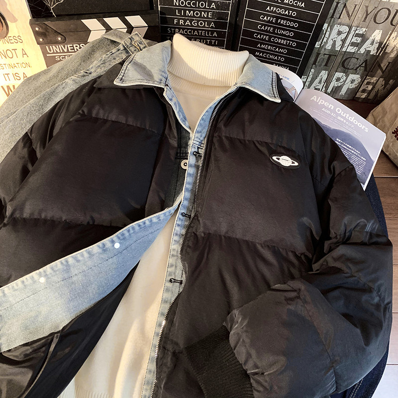 1005-2-LMF030-P135假两件牛仔拼接棉服立领加厚宽松情侣棉衣,男装棉衣,星座1005-2