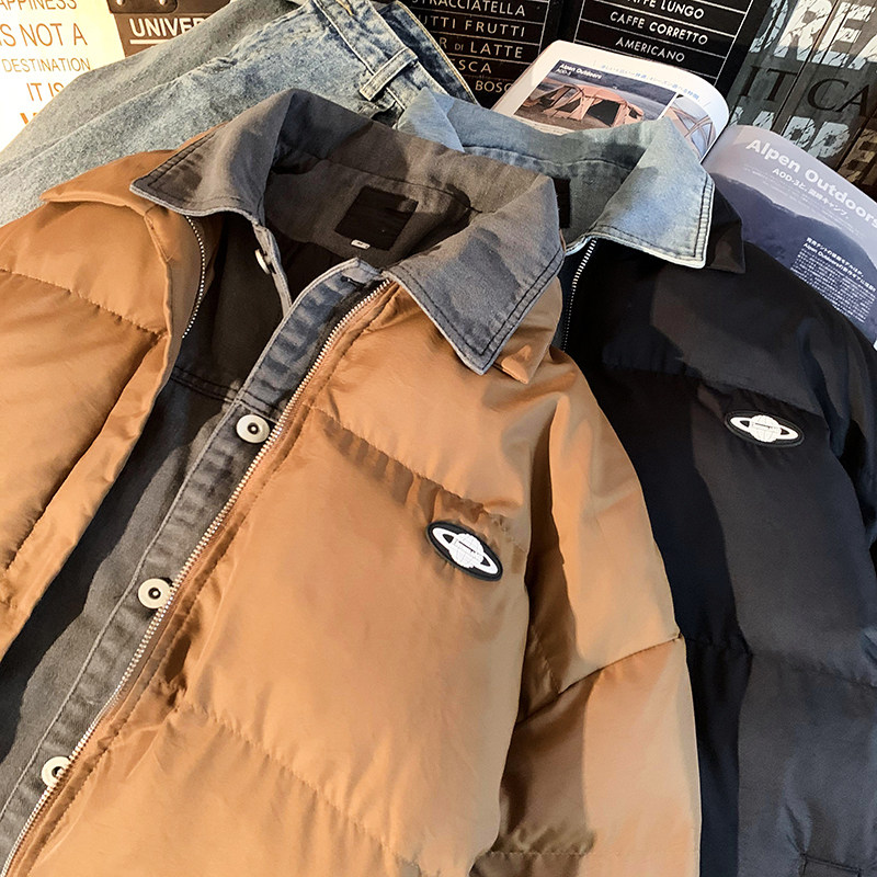 1005-2-LMF030-P135 假两件牛仔拼接棉服立领加厚宽松情侣棉衣图片
