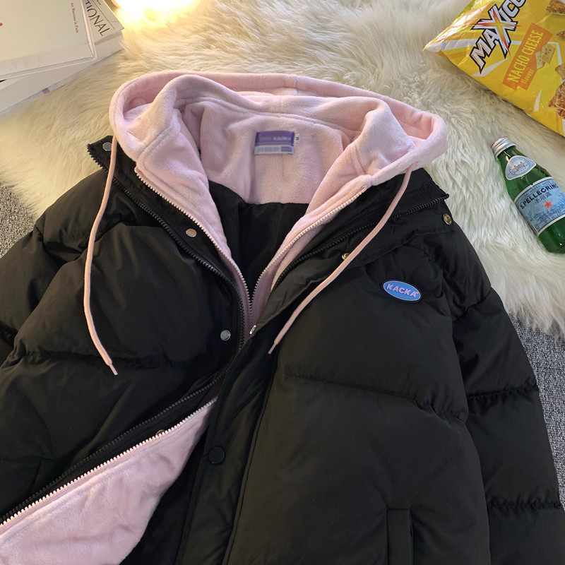 1005-2-LMF047-P135 冬季加厚假两件宽松保暖休闲连帽棉衣棉服图片