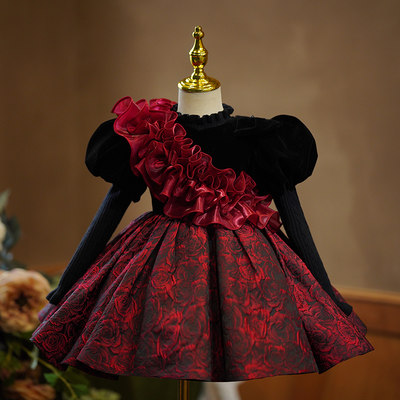 高级酒红色黑色丝绒生日公主裙
