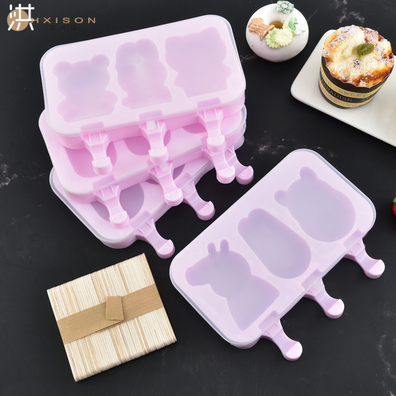 创意硅胶雪糕模具带盖3连冰淇淋冰棒模家用冰格夏天做雪糕卡通