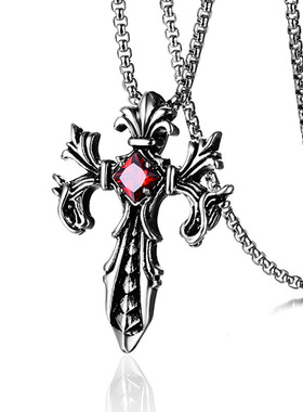 2025个性创意饰品男士复古钛钢镶宝石龙形吊坠双龙十字架项链