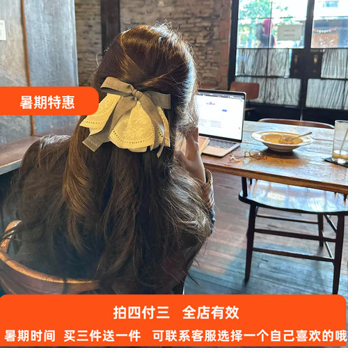格纹蝴蝶结蕾丝裙摆发夹女弹簧夹