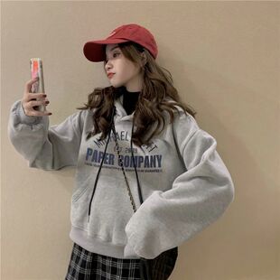 小个子连帽通勤宽松加绒加厚外套短款 韩版 卫衣女潮ins 新款 秋冬季