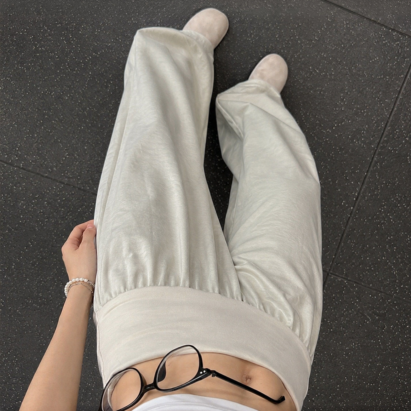 灰色翻腰运动裤女夏季薄款直筒宽松阔腿休闲裤小个子瑜伽健身裤子