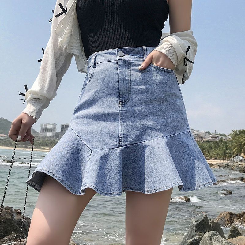 美式鱼尾牛仔半身裙女a字春秋新款高腰荷叶边短裙子显瘦包臀裙裤