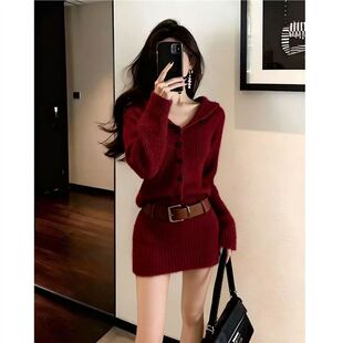 慵懒风纯色连帽针织衫小个子连衣裙女秋冬季气质收腰显瘦包臀短裙