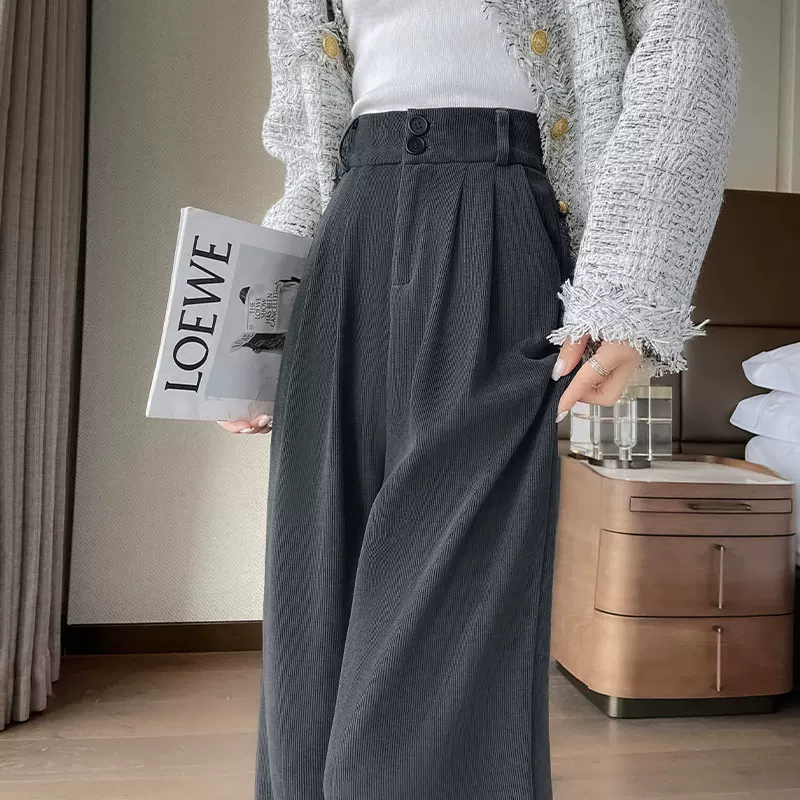 灰色西装裤女2026春秋新款灯芯绒裤子宽松休闲高腰小个子阔腿长裤