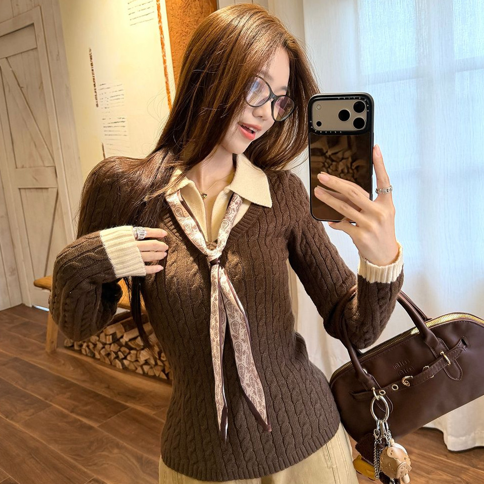 北极绒洗水POLO领撞色假两件针织衫女秋冬毛衣内搭修身长袖上衣