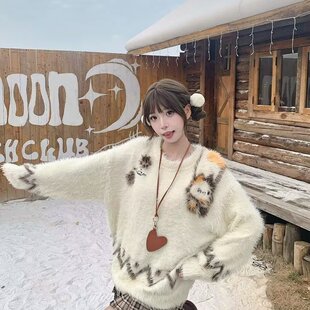 黑色费尔岛猫咪毛衣外套女2025秋冬季韩系慵懒风高级感针织上衣